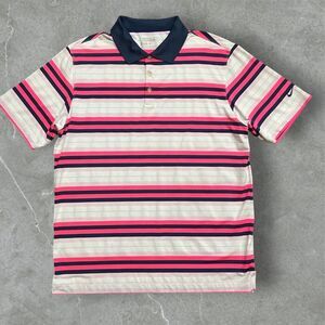 Nike Golf Performance White Pink Navy Striped Polo Shirt Men's Size Extra Large
